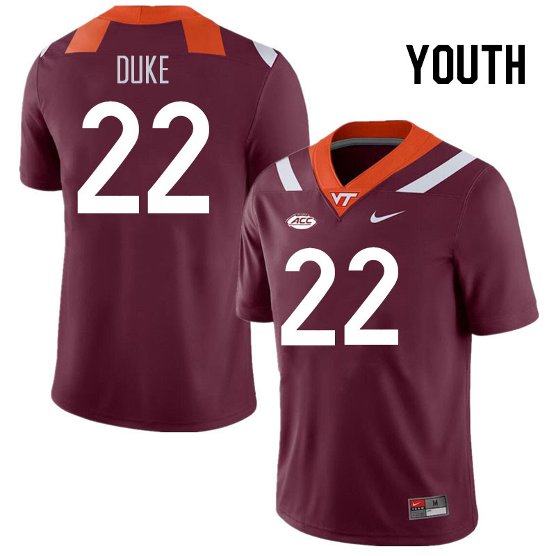 Youth #22 Bryce Duke Virginia Tech Hokies College Football Jerseys Stitched Sale-Maroon